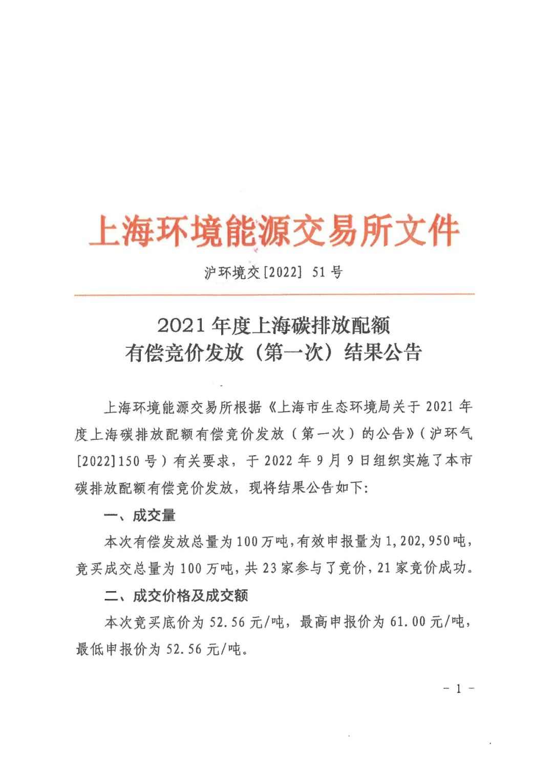 上海碳排放配额有偿竞价成交总价达5256万元